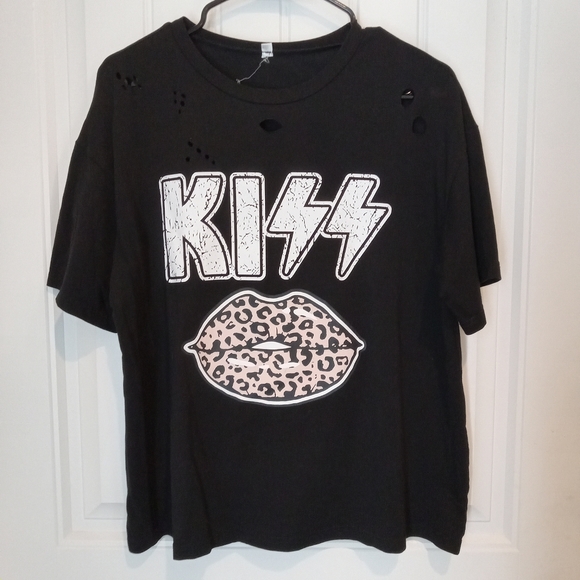 Kiss black leopard lips distressed Graphic boutique Tee M - Picture 2 of 7